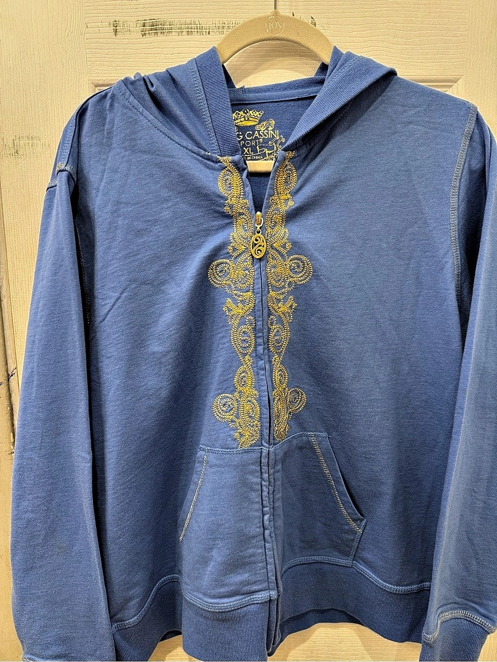 Oleg Cassini Embroidered Zip Hoodie in Blue XL Like New